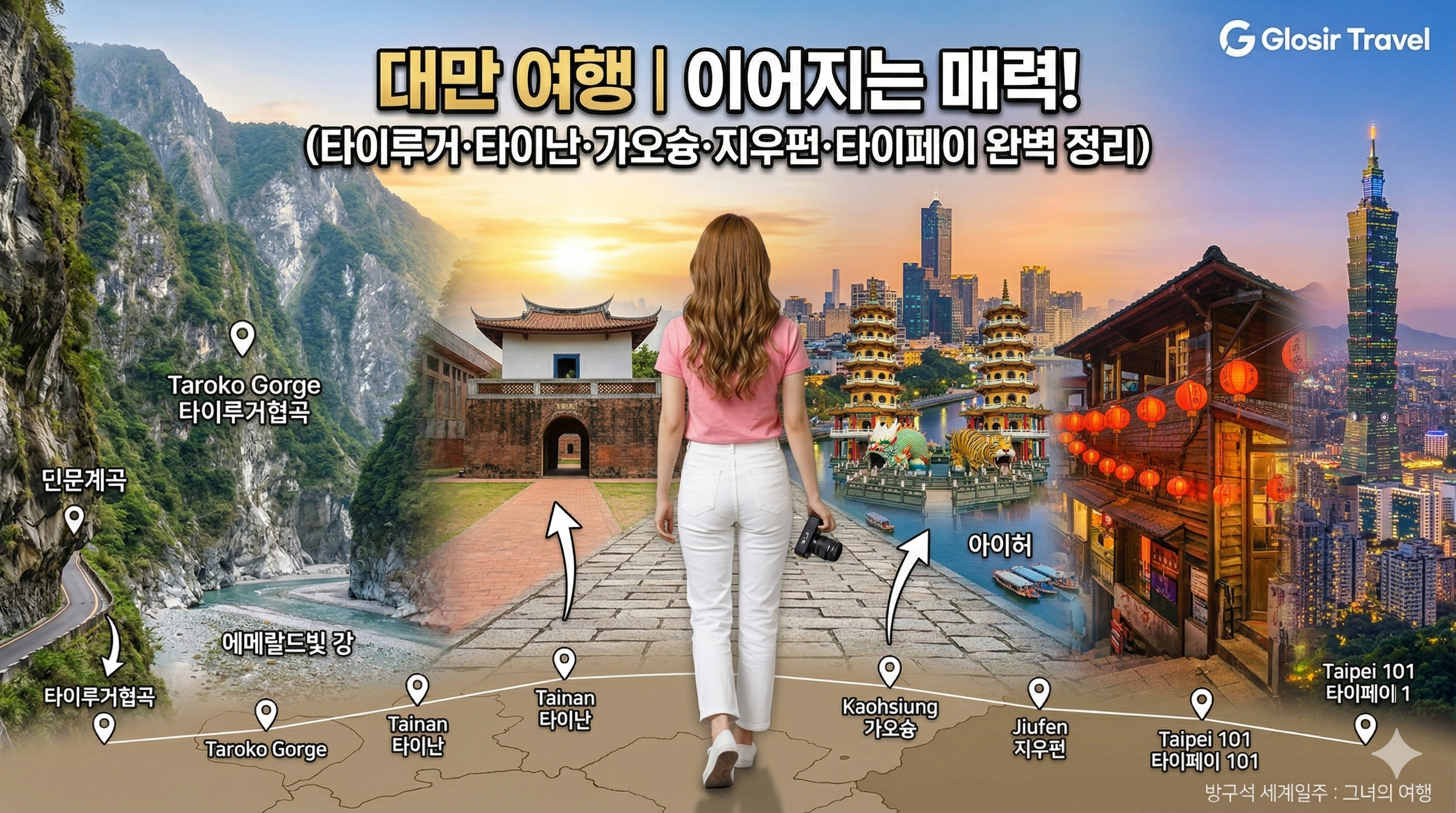 대만의 압도적인 대자연 타이루거 협곡과 황홀한 가오슝의 풍경이 역동적으로 합성된 파노라마 이미지. 중앙에는 갈색 웨이브 머리를 한 예쁜 한국 여성 여행자가 전신 뒷모습으로 서 있다. 그녀는 검은색 나시에 화이트 청바지를 입고 걸어가는 역동적인 자세를 취하고 있다 (볼륨업 디테일). 그녀 뒤로 거대한 대리석 절벽과 깊은 협곡 계곡이 펼쳐진 타이루거 협곡과, 황혼 아래 빛나는 아이허(Love River)와 Dragon and Tiger Pagodas가 있는 가오슝 스카이라인이 통합된 배경이 펼쳐진다. 각 장소에는 한국어와 영문으로 이름이 적혀 있으며, 상단에는 '대만의 압도적인 비주얼 ❘ 자연과 도심의 공존!'이라는 부제목이 시인성 좋게 배치되어 있다. 우측 상단에는 'Glosir Travel' 로고와 '1분 영상' 아이콘이 있다.