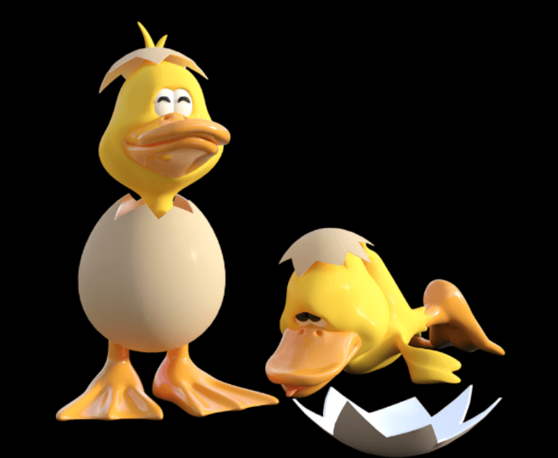 알을 깨고 나온 노란 오리 두 마리 인형