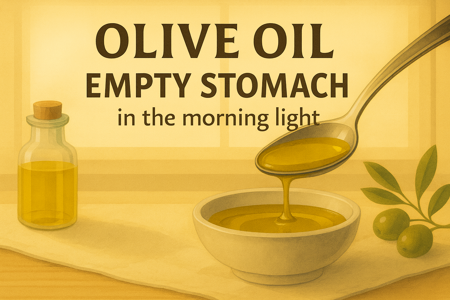 아침 햇빛 아래 그릇에서 올리브오일을 숟가락으로 떠올리는 가로형 일러스트