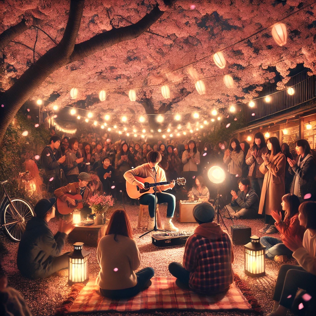 벚꽃 가로수 아래 조명과 함께하는 야간 버스킹 무대&amp;#44; 분위기 있는 기타 공연과 모여든 관객들