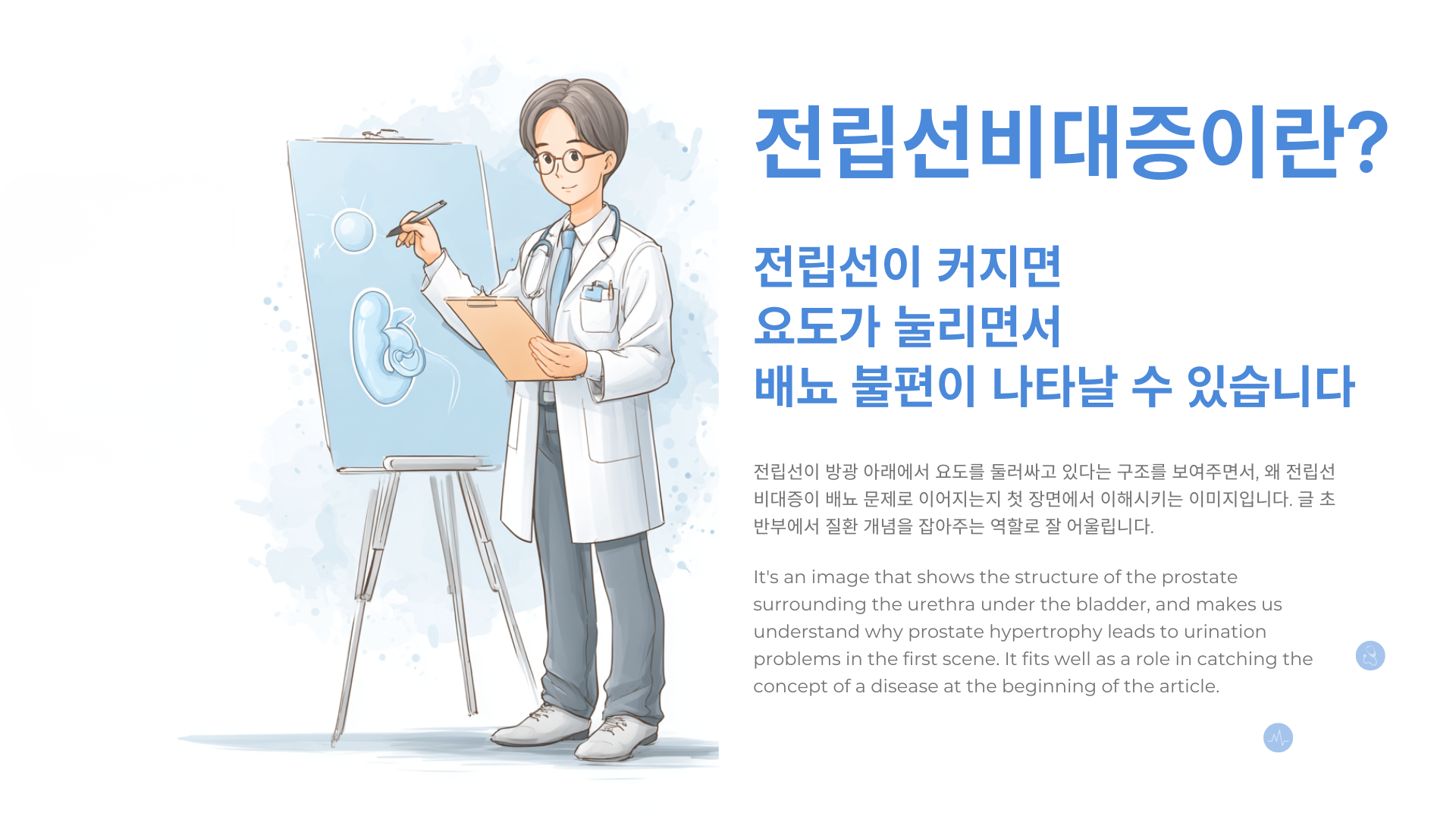 중년 한국인 남성의 하복부를 중심으로 전립선, 방광, 요도 위치를 쉽게 보여주는 의료 인포그래픽 스타일