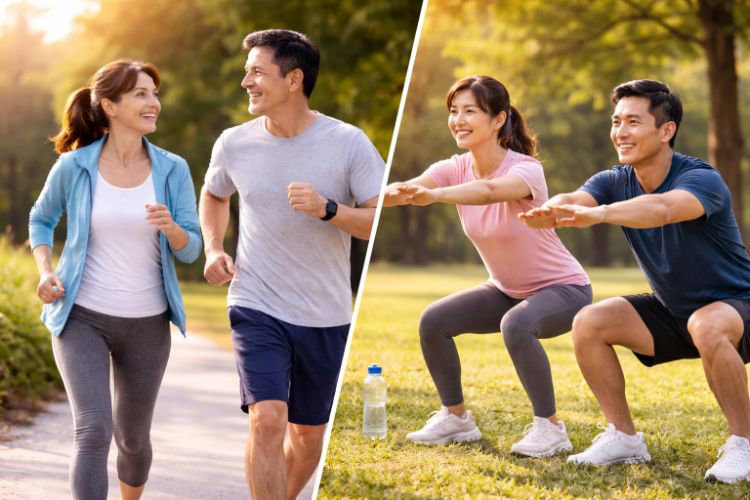 공복혈당 관리를 위해 걷기와 스쿼트 운동을 하는 모습