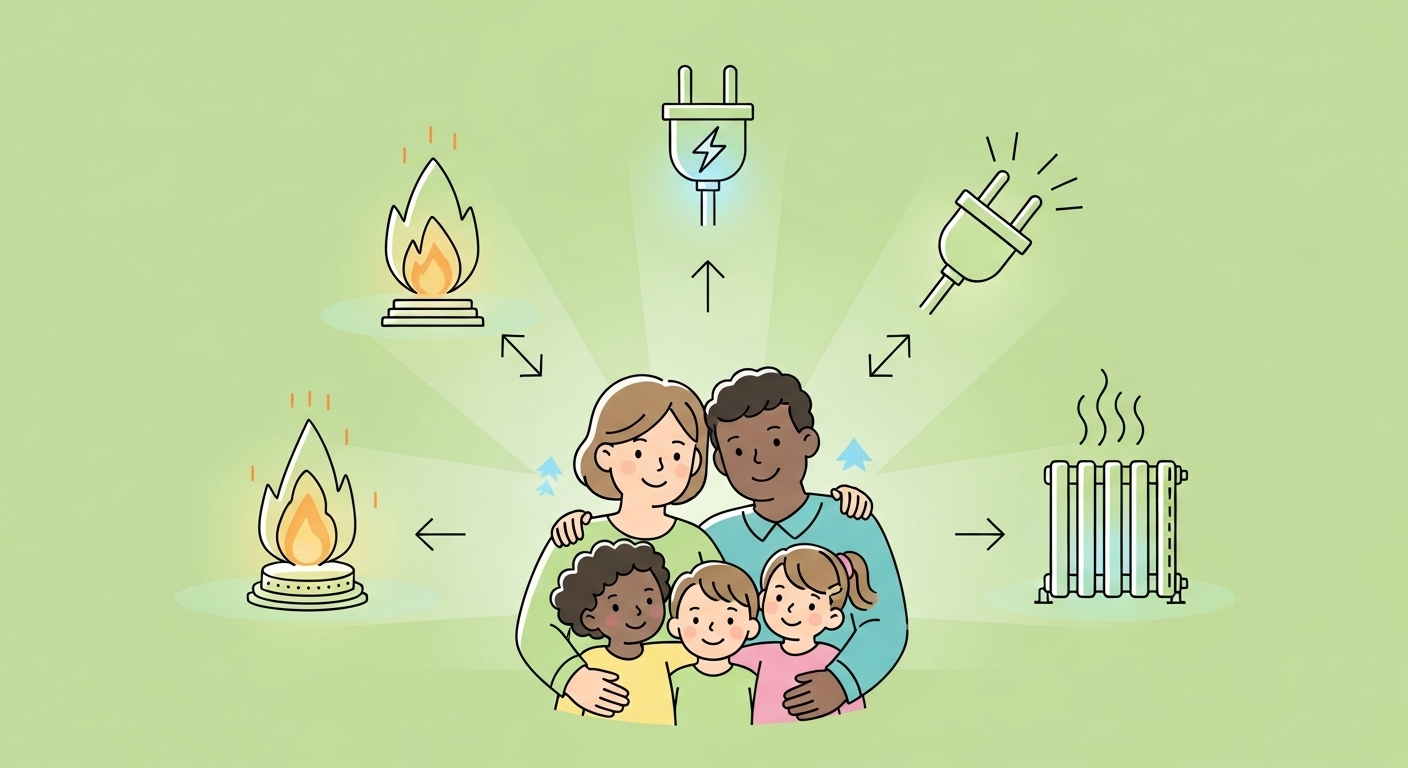 에너지바우처 지원 대상 가구를 상징하는 가족과 다양한 에너지원이 그려진 인포그래픽