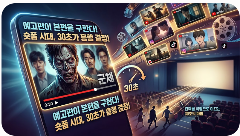 스마트폰 화면 속 30초짜리 예고편 영상이 화려한 빛을 발하며 극장 안으로 관객들을 끌어모으는 모습을 표현한 이미지입니다. 숏폼 시대에 맞춰 다양한 플랫폼으로 확산하는 미디어 환경과 영화의 흥행을 결정지우는 강렬한 30초의 마법을 감각적으로 나타냈습니다.