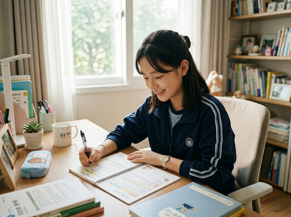 중학생이 자신의 학습 기록과 작은 성취 목록을 보며 스스로 점검하는 모습