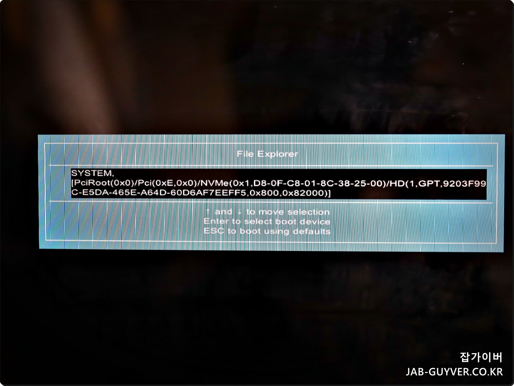 HP 부트 메뉴에서 디스크 파티션 정보(GPT 등) 확인 화면