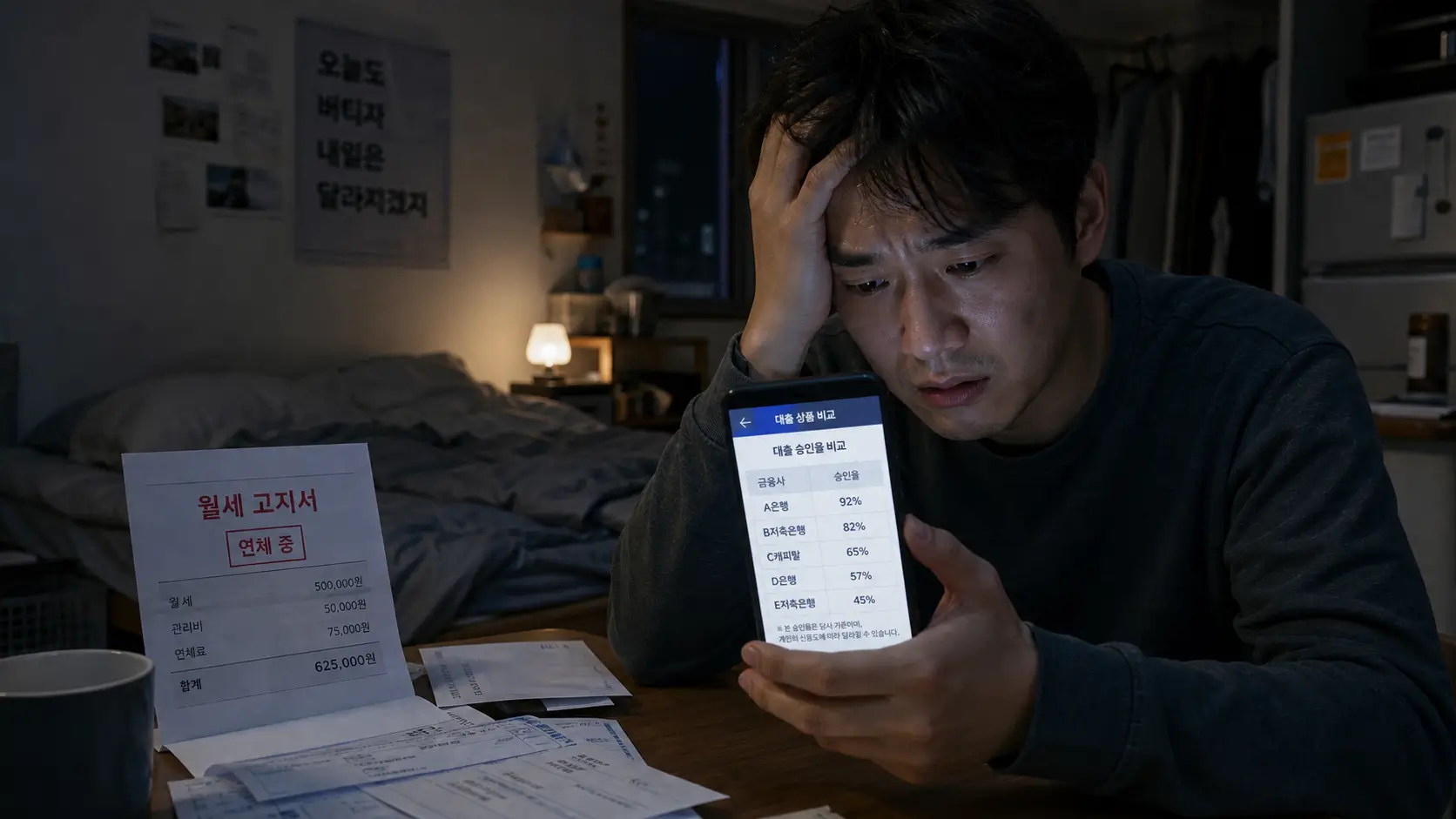 어둑한 원룸 안에서 밀린 월세 고지서를 옆에 두고 스마트폰 모바일 뱅킹 앱으로 대출 승인율 비교표를 절박하게 확인하는 30대 남성의 모습