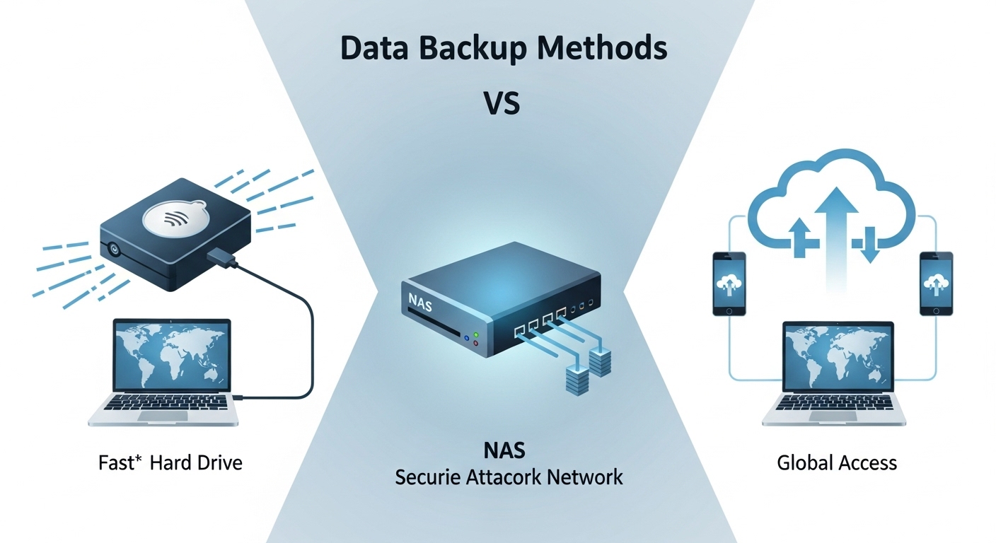 외장하드, 클라우드, NAS 등 다양한 데이터 백업 방법들을 비교하는 인포그래픽