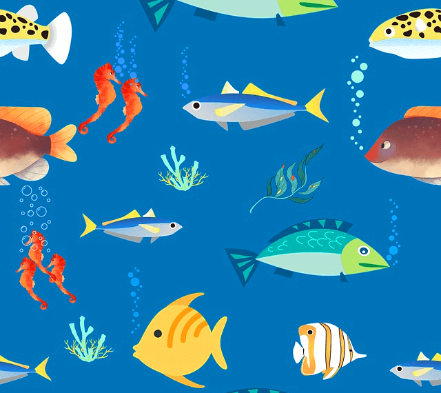 바다 속데 많은 물고기들이 헤엄을 친다. 고등어, 노란 물고기, 붉은 해마 5마리, 갈색 물고기들이 있다.