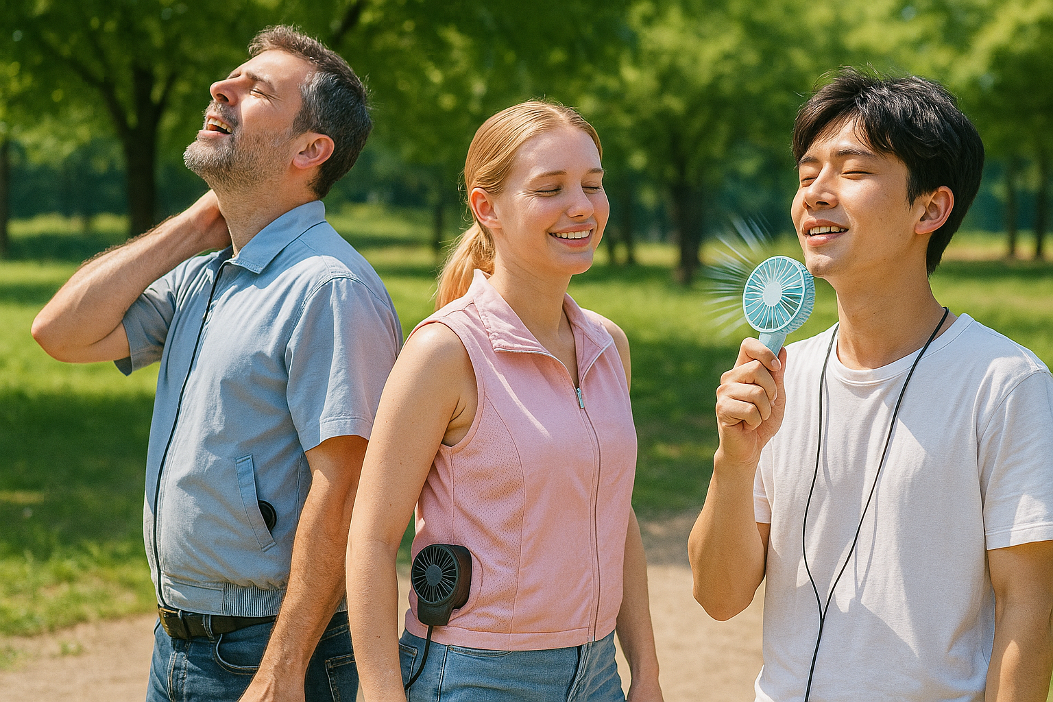 무더운 여름철 야외에서 냉풍기와 쿨조끼를 사용하는 사람들