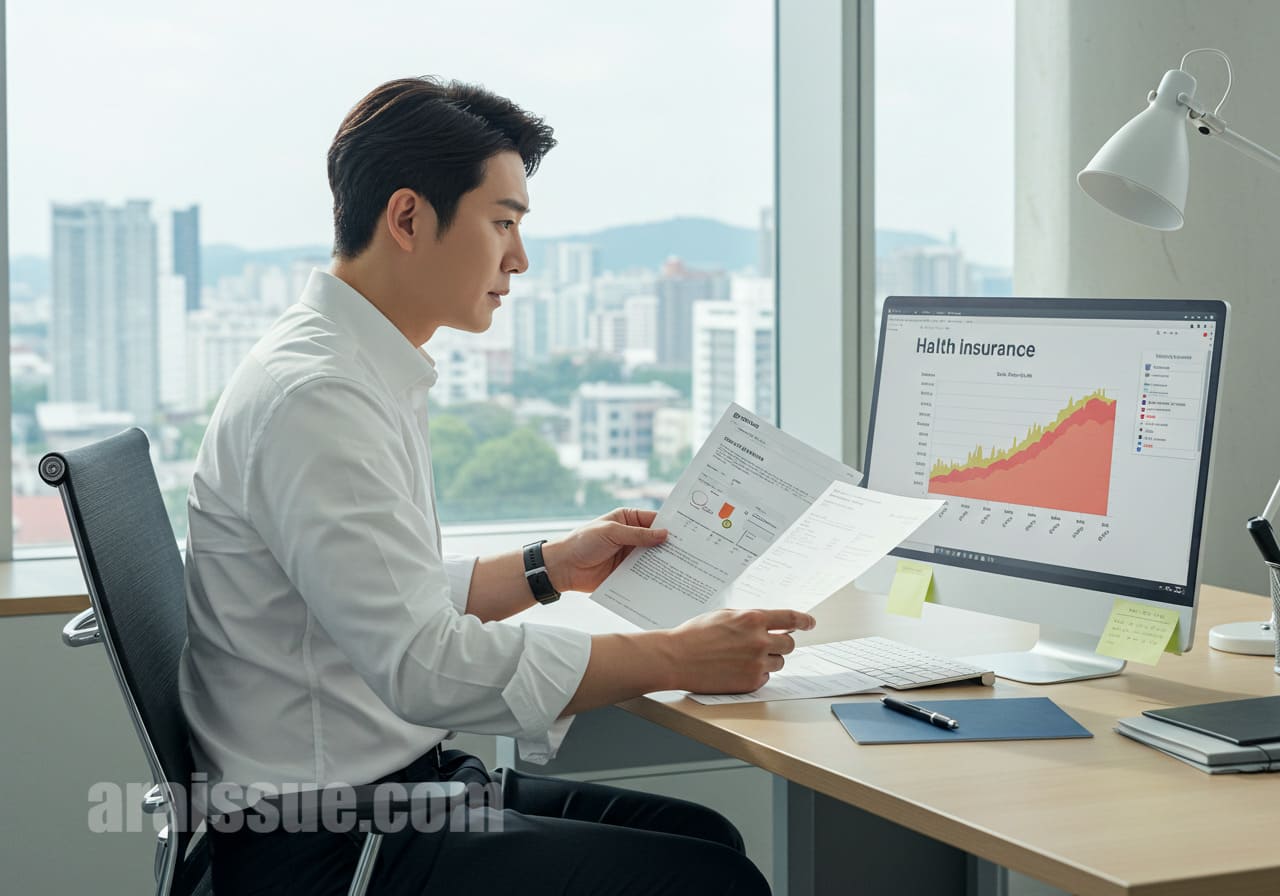 30대 한국 직장인이 실손보험 서류를 살펴보며 BMI 차트를 모니터에서 확인하는 모습. 현대적인 사무실 배경입니다.