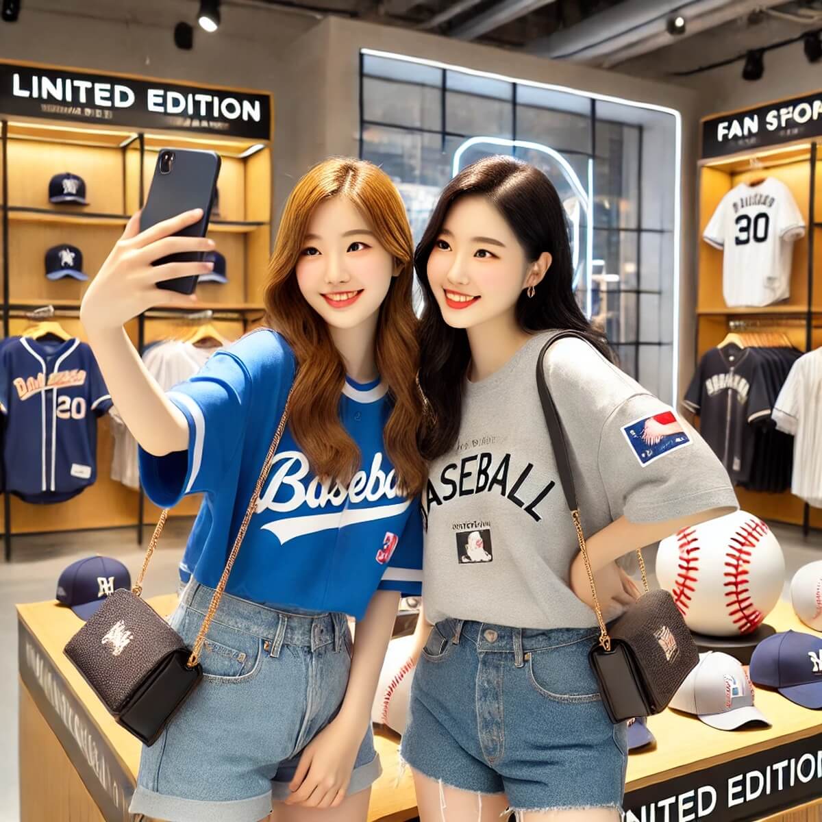 굿즈를 배경으로 사진을 찍는 여성 팬들