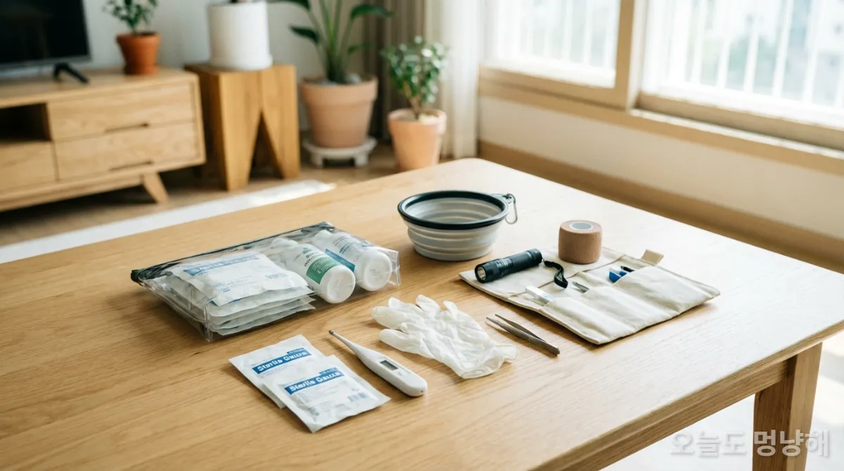 반려동물 응급처치 키트의 필수 구성품이 깔끔하게 정리된 모습