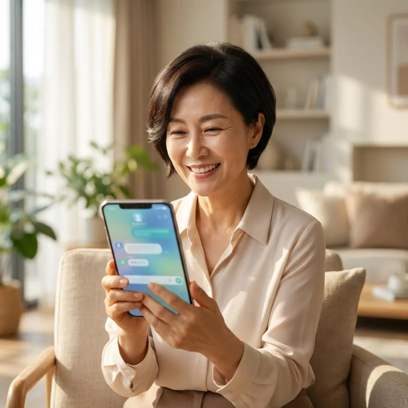 스마트폰을 보며 밝게 미소 짓고 있는 60대 한국인 여성. 카카오톡으로 인공지능 비서를 성공적으로 연결하여 디지털 자립을 이룬 행복한 모습