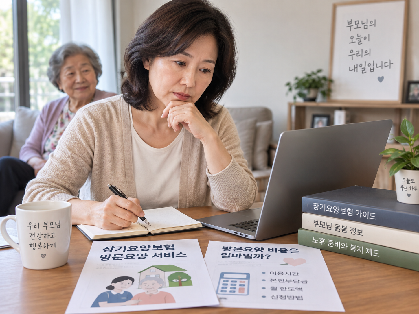 부모님 방문요양 비용을 알아보는 중장년 자녀