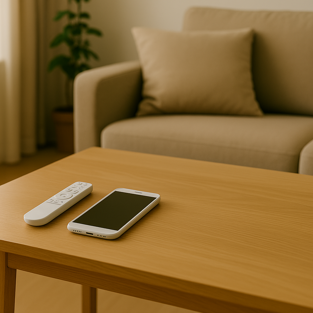 밝은 거실에 리모컨과 스마트폰이 나란히 놓인 나무 테이블 사진