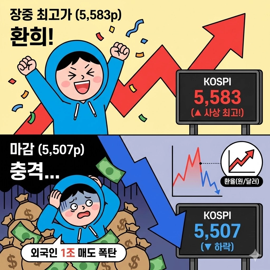 [마감] 코스피, 장중 '역사적 최고가' 찍고 하락 반전! 외국인 1조 매도 폭탄의 진짜 이유는