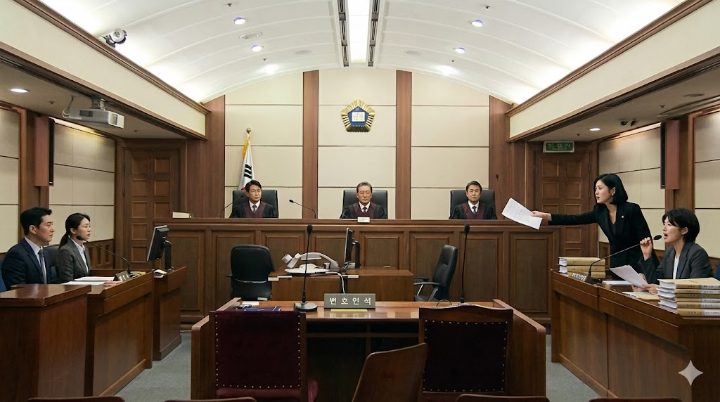 법정에서 차은경과 한유리가 나란히 변호인석에 앉아 상대를 향해 날카로운 변론을 펼치는 투샷