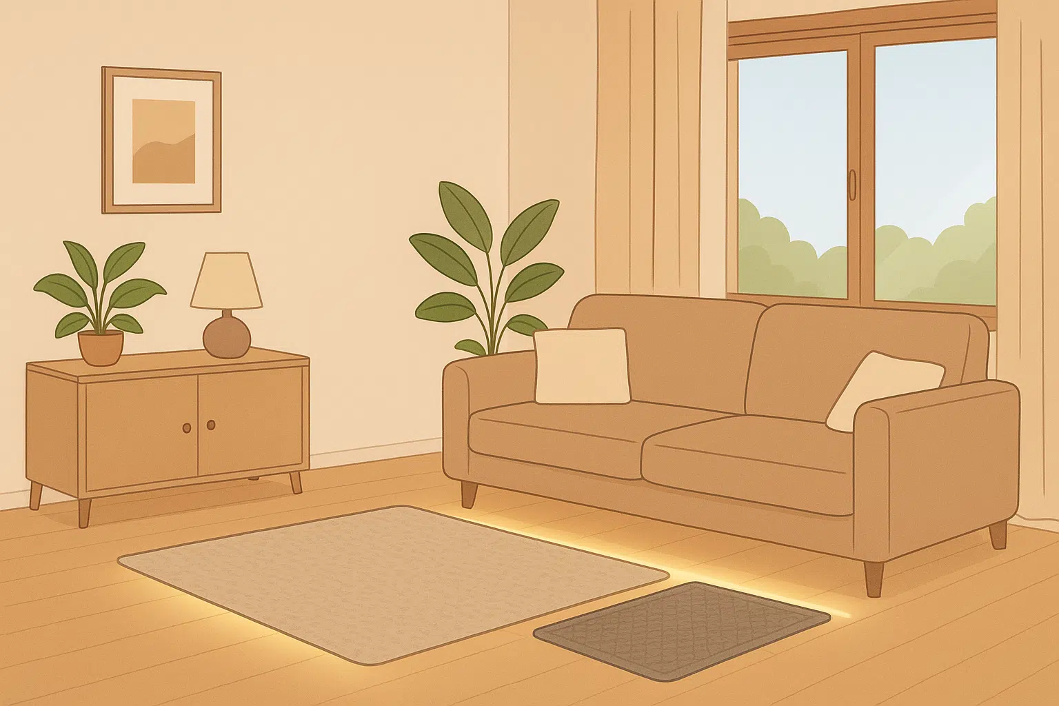 가정 내 LED 바닥 조명과 미끄럼 방지 매트 설치된 안전한 거실 풍경