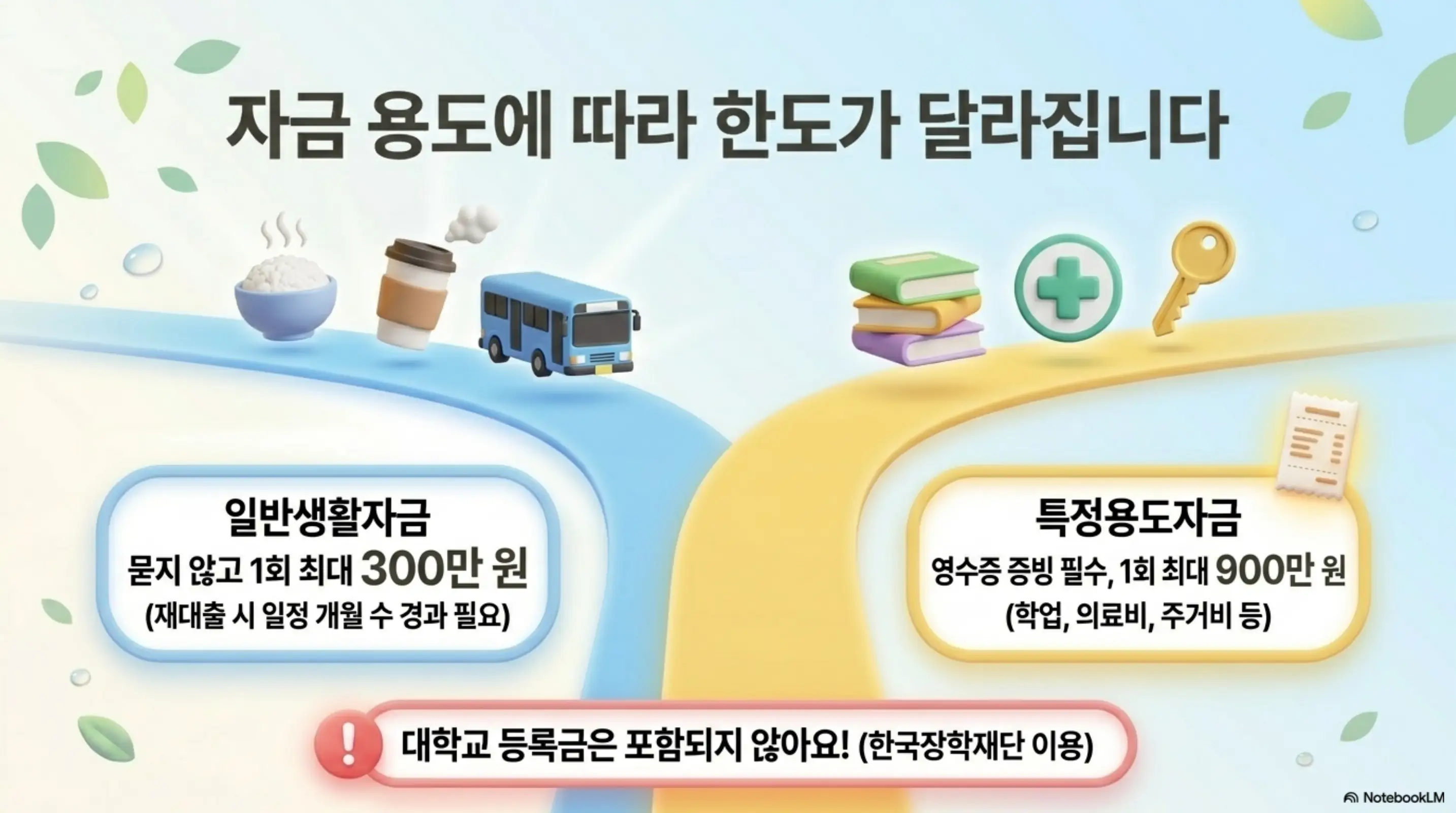햇살론유스 조건: 자금 용도에 따라 한도가 달라집니다라는 제목 아래 일반생활자금은 묻지 않고 1회 최대 300만 원이고 특정용도자금은 영수증 증빙 필수이며 1회 최대 900만 원으로 학업 의료비 주거비에 사용 가능하다는 안내가 있다. 대학교 등록금은 포함되지 않으며 한국장학재단을 이용하라는 주의 문구도 표시되어 있다. 이 이미지는 햇살론유스 용도별 대출 한도 차이를 시각적으로 전달하며 블로그의 햇살론유스 한도 구조 섹션과 관련된 내용을 설명함