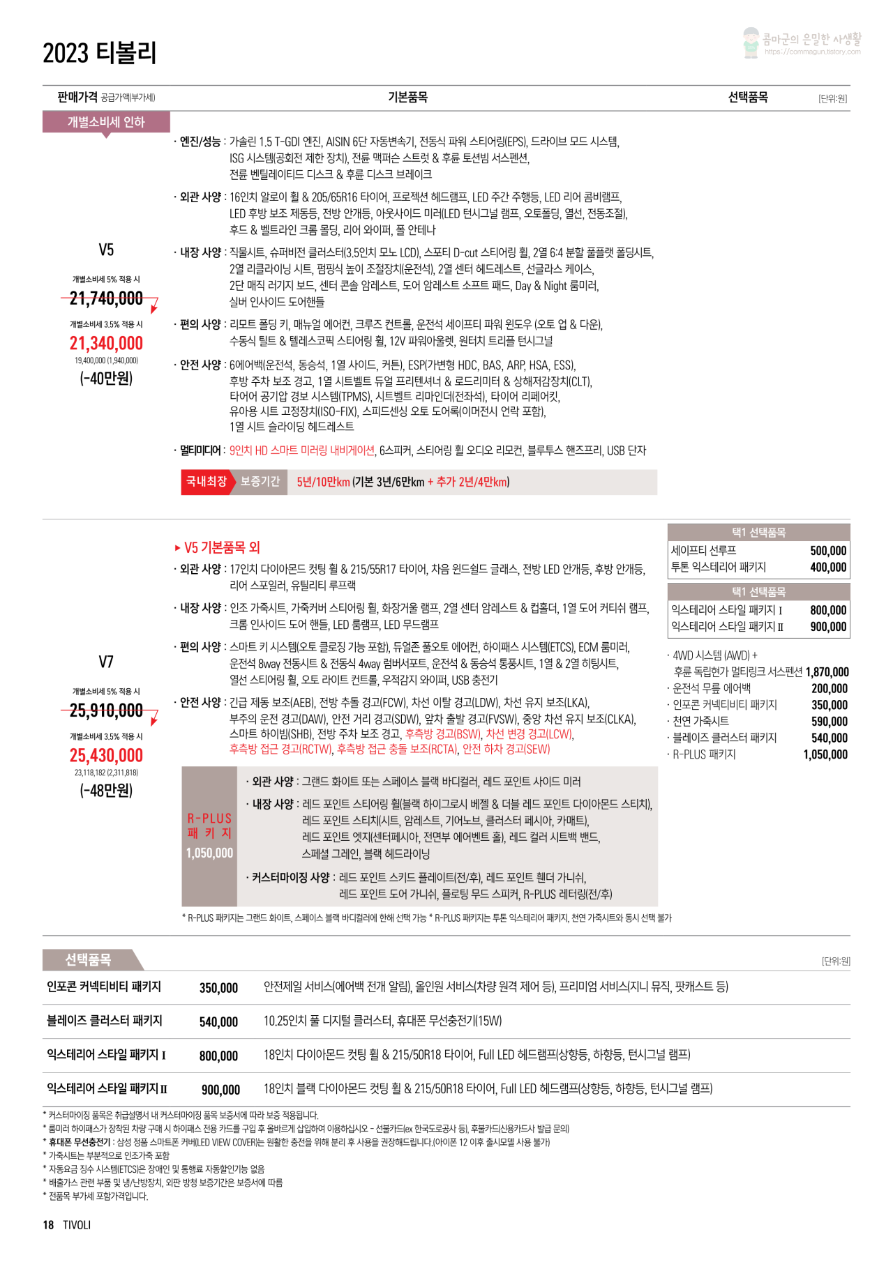 2023 쌍용 티볼리 카탈로그와 가격표