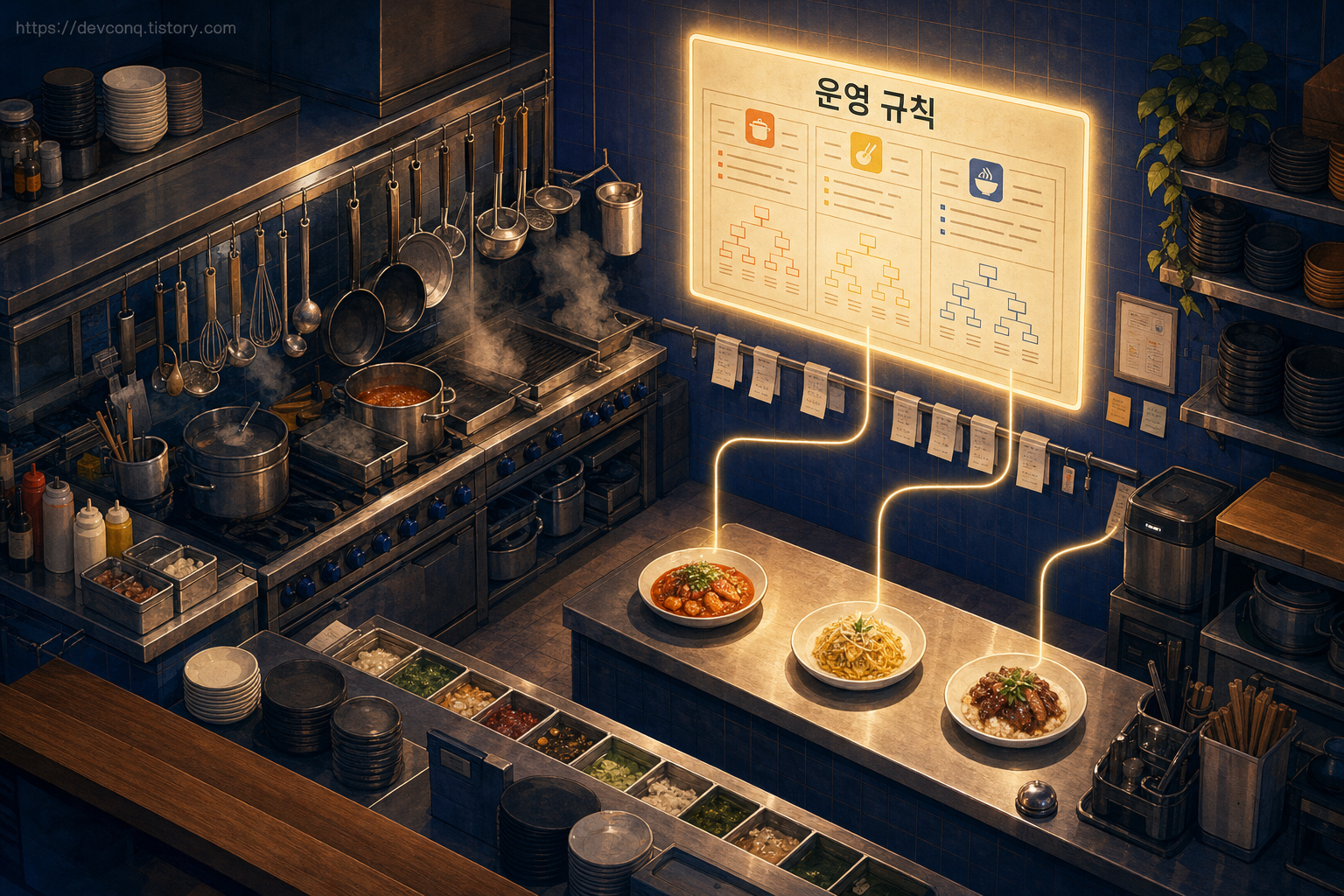주방 벽에 붙은 운영 매뉴얼이 그날의 모든 주문 결과를 결정하는 모습