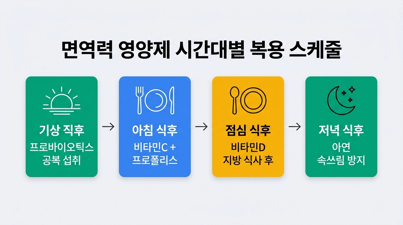 봄 환절기 면역력 영양제 시간대별 복용 스케줄 인포그래픽