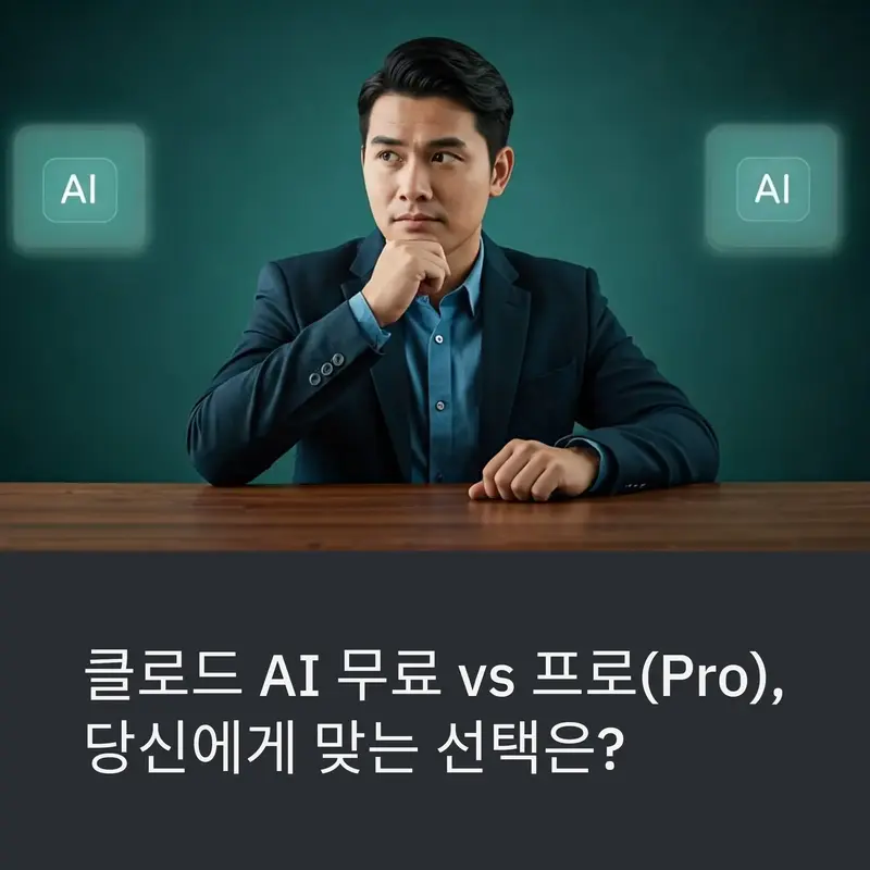 클로드 AI 무료와 프로(Pro) 플랜 중 선택을 고민하는 비즈니스맨과 AI 아이콘이 함께 배치된 비교 컨셉 대표 이미지