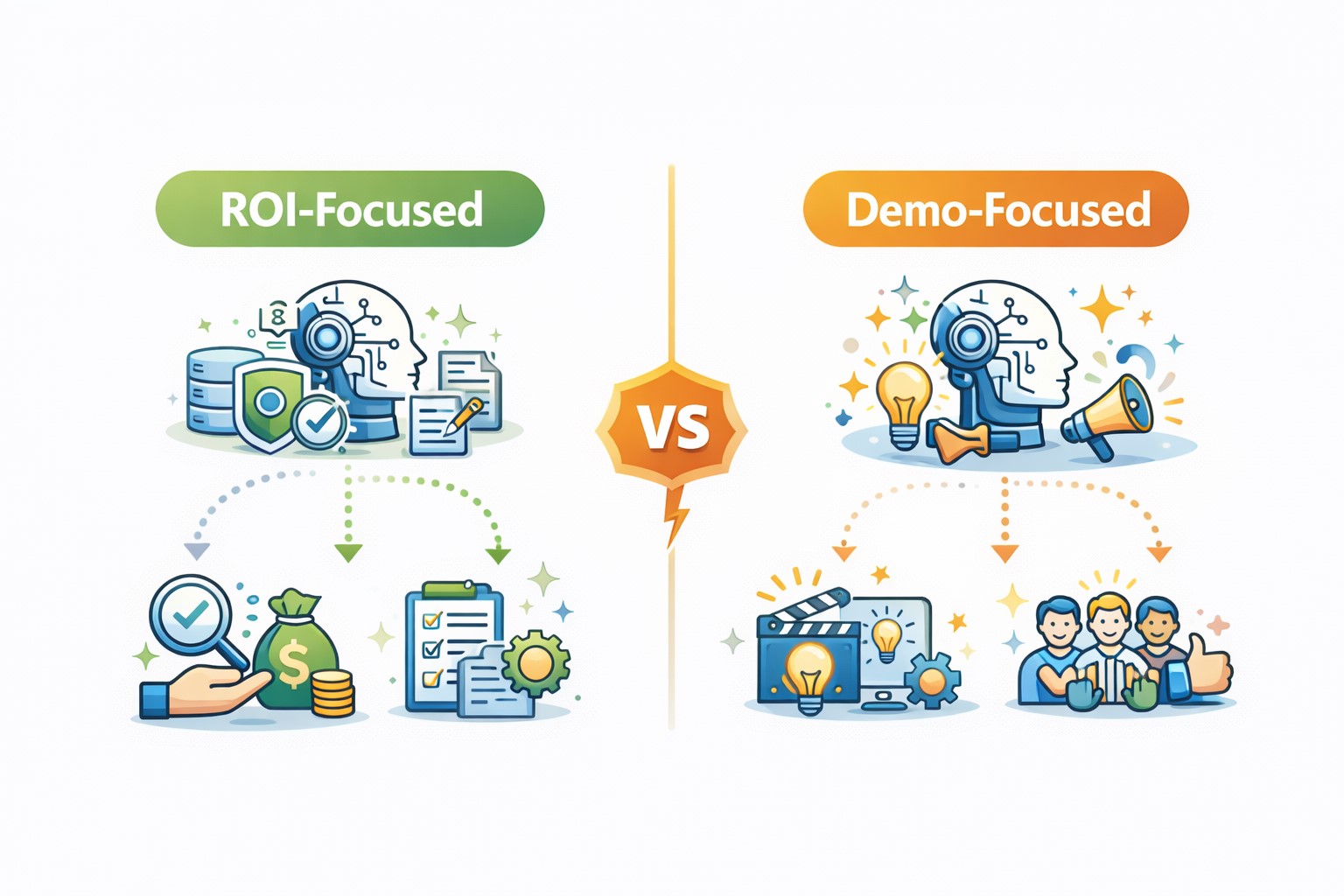 ROI 중심과 데모 중심 AI 제품의 차이를 아이콘으로 대비한 요약 다이어그램