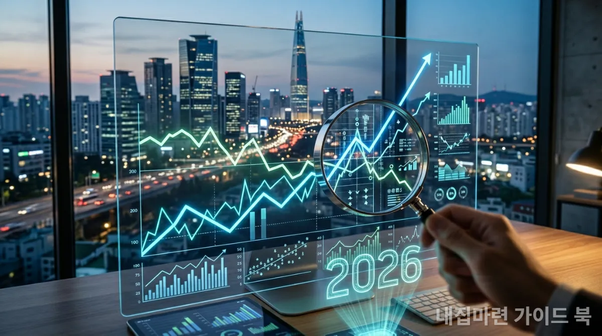 2026년 한국 부동산 시장의 금리, 공급, 대출 규제를 보여주는 복잡한 그래프와 도시 배경