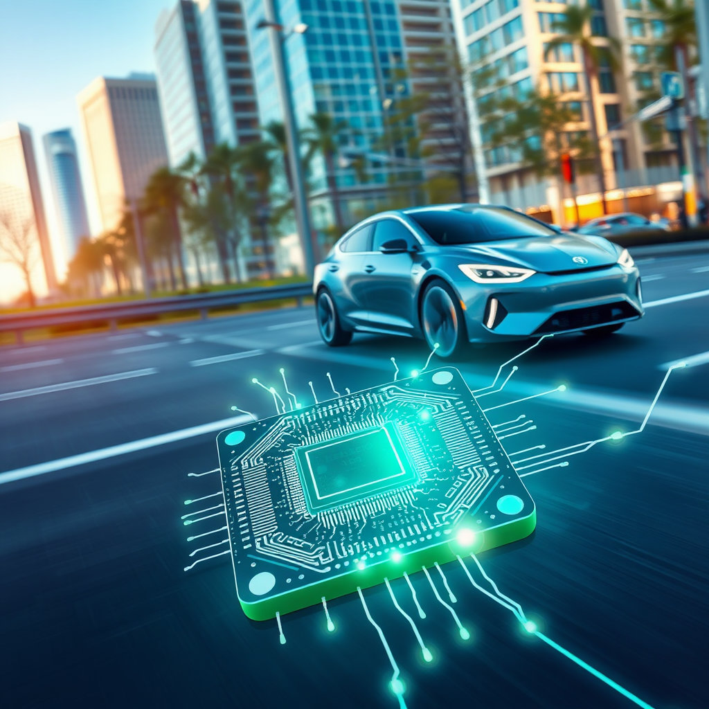 도로 위를 부드럽게 달리는 자율주행차의 모습을 배경으로, 차량의 센서와 시스템을 관장하는 AI 반도체 칩이 강조되어 나타납니다. 칩에서 차량으로 데이터 흐름이 연결되는 시각적 효과를 주어, AI 반도체가 자율주행의 '뇌' 역할을 한다는 점을 부각합니다. 현대적이고 역동적인 색감을 사용하여 기술의 발전과 안전성을 동시에 전달합니다.