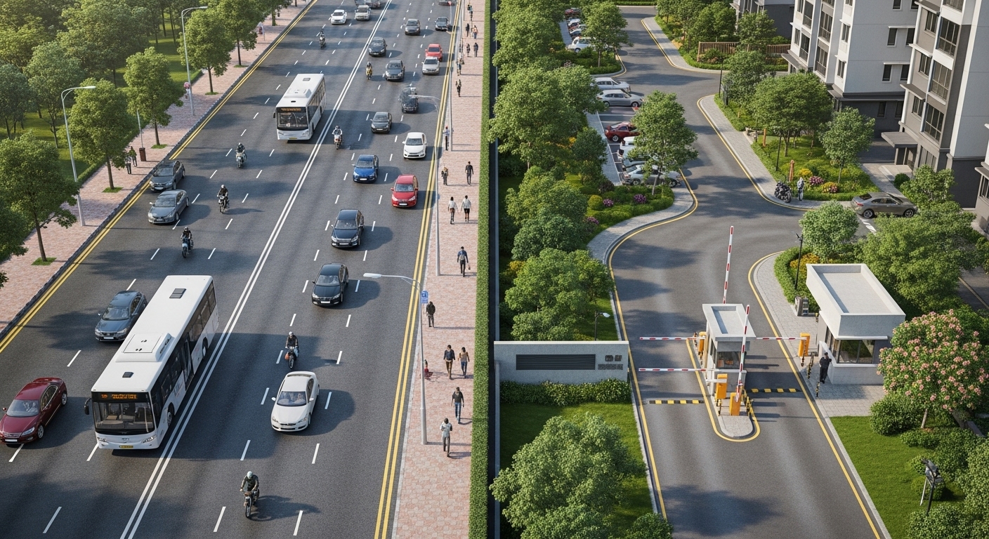 번잡한 일반 도로와 차단기로 분리된 한적한 아파트 단지 입구를 항공뷰로 보여주며, 도로교통법상 '도로'의 개념 차이를 시각적으로 표현한 이미지.