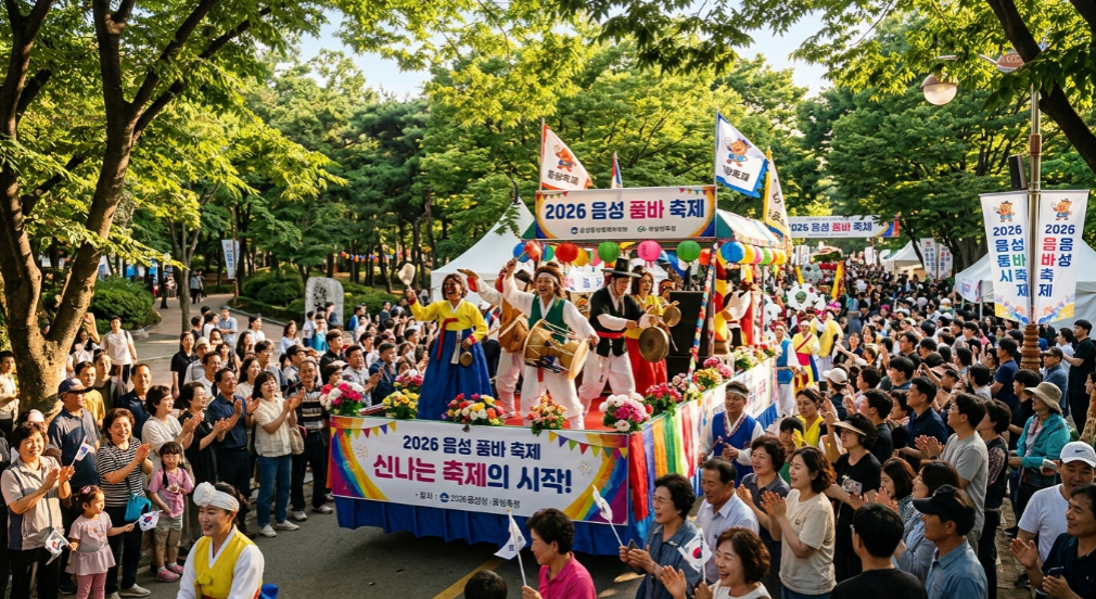 음성 설성공원에서 열리는 축제의 활기찬 분위기와 나눔을 상징하는 따뜻한 햇살이 비치는 풍경