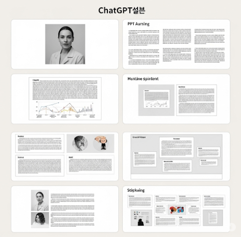 PPT 기획 및 대본 작성에 활용되는 ChatGPT의 모습. 아이디어 폭포가 쏟아지는 듯한 시각적 표현과 함께, 노트북 화면에서 다양한 프롬프트와 응답이 오가는 역동적인 이미지가 연출됩니다.