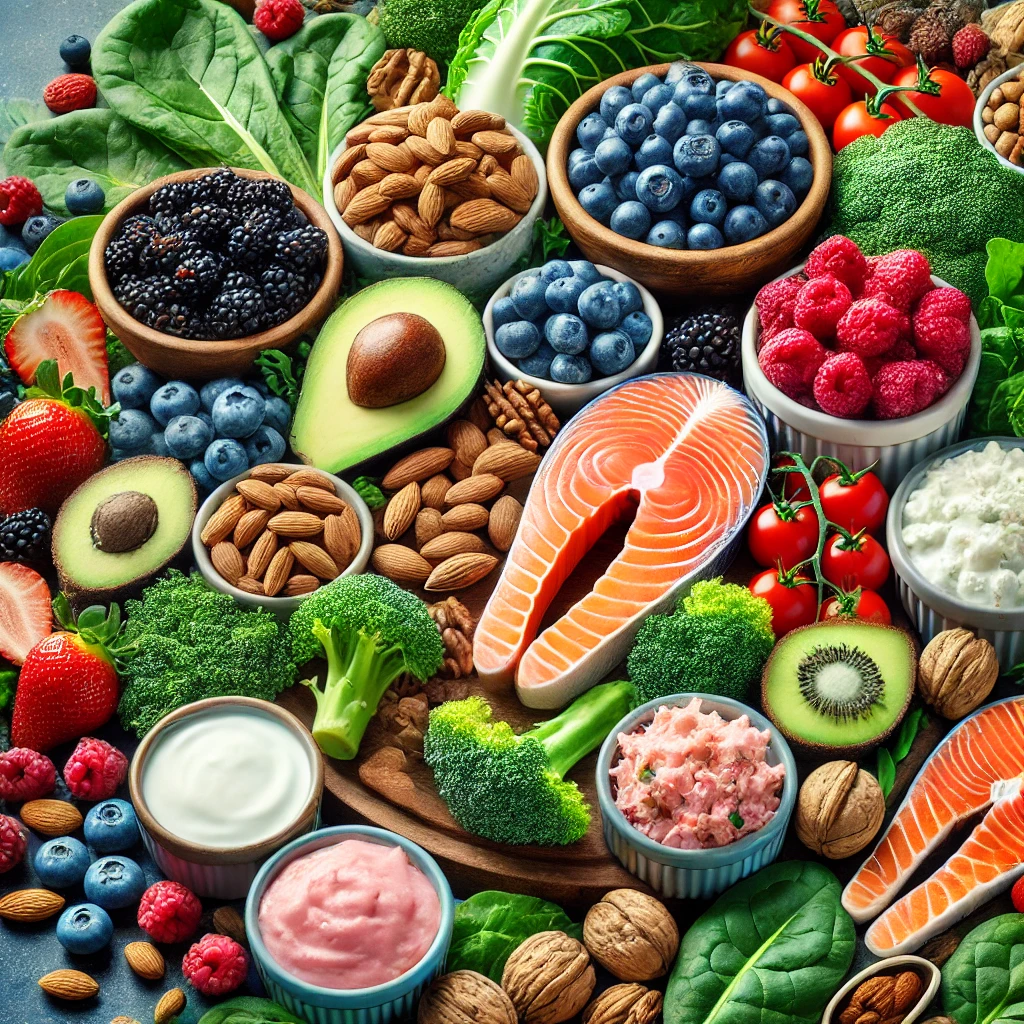 신선한 과일, 야채, 연어, 견과류