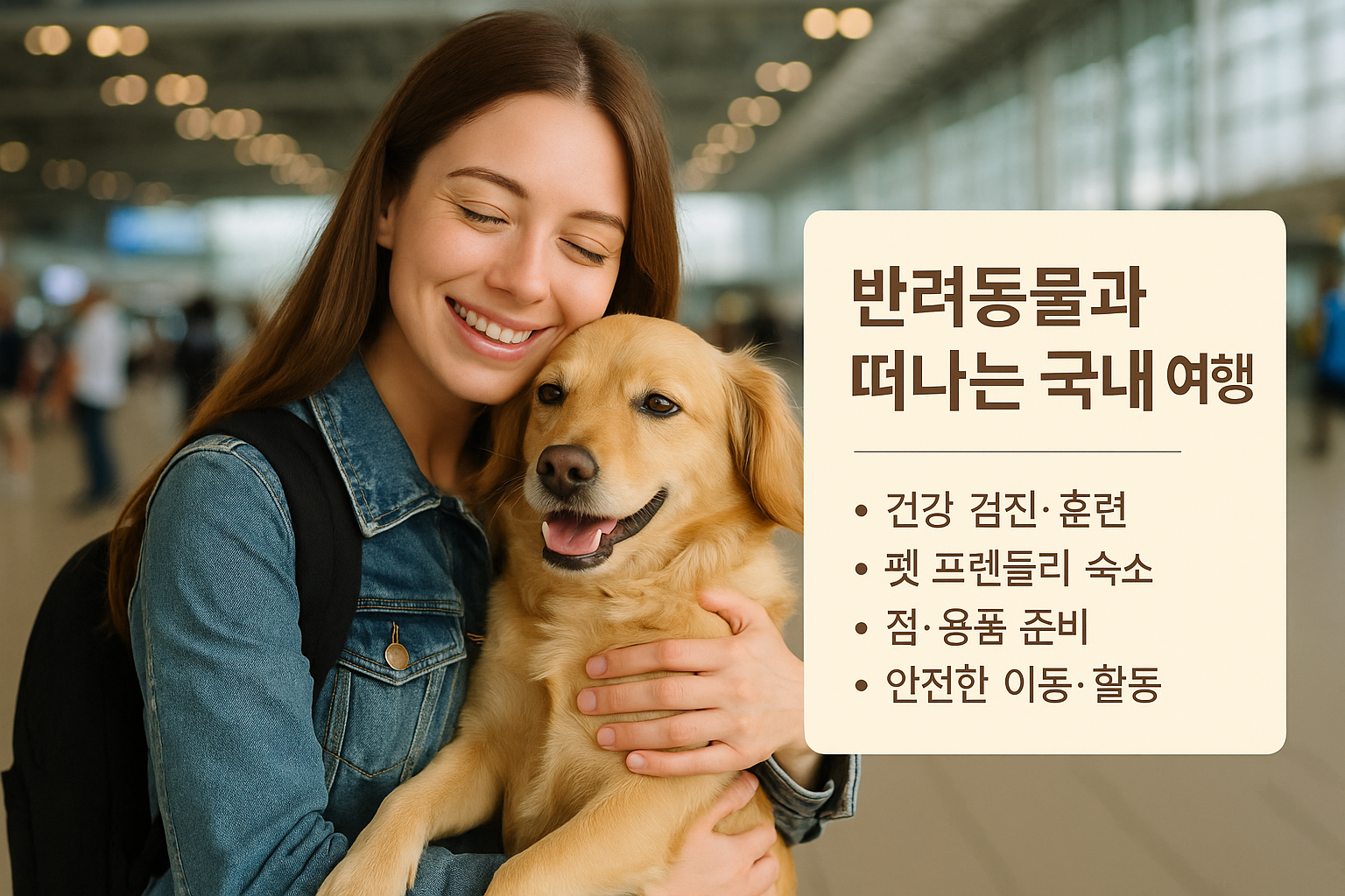 공항 터미널에서 반려견을 따뜻하게 안고 웃는 젊은 여성과 함께 여행 팁이 담긴 한글 텍스트 박스가 배치된 이미지 