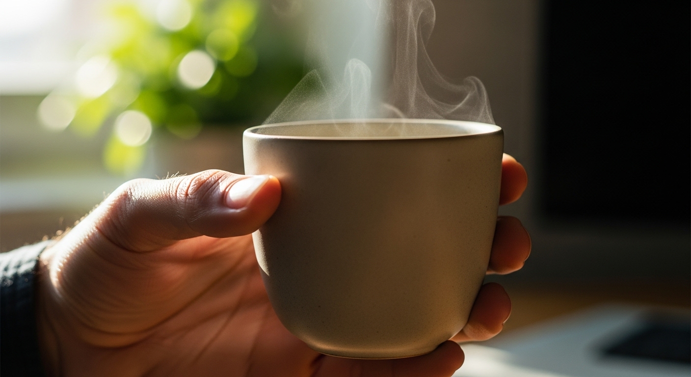 손이 따뜻한 차가 담긴 도자기 컵을 부드럽게 감싸고 있는 모습. 일상 속 작은 위로와 평화로운 순간을 상징합니다.