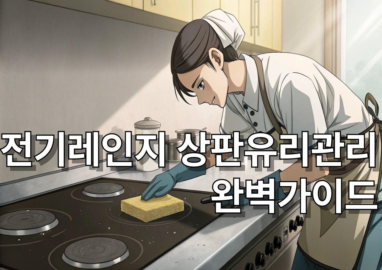 전기레인지 청소중인 주부 이미지