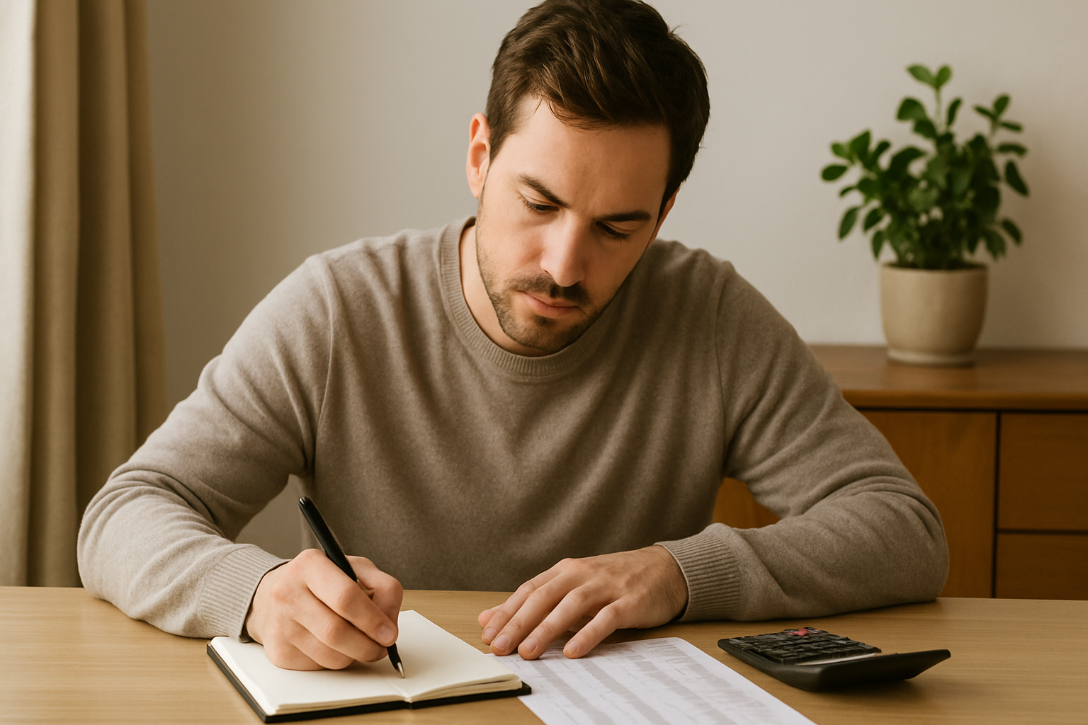 소비 내역을 점검하며 가계부를 작성하는 남성의 모습