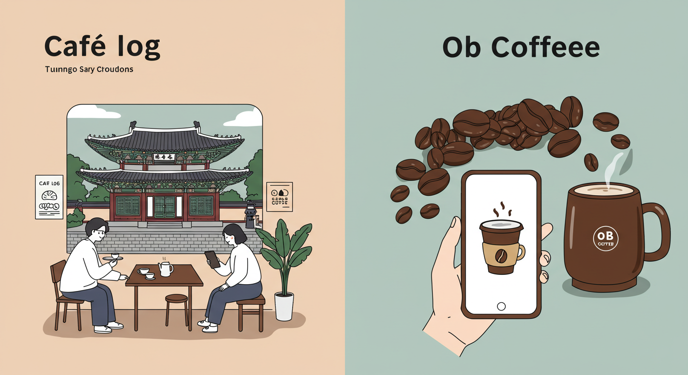 종로&middot;중구권 소비쿠폰 사용 카페 2곳을 감성적으로 묘사한 일러스트