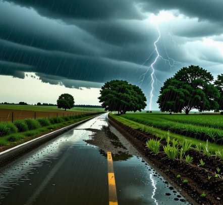 폭우가 내리는 논밭