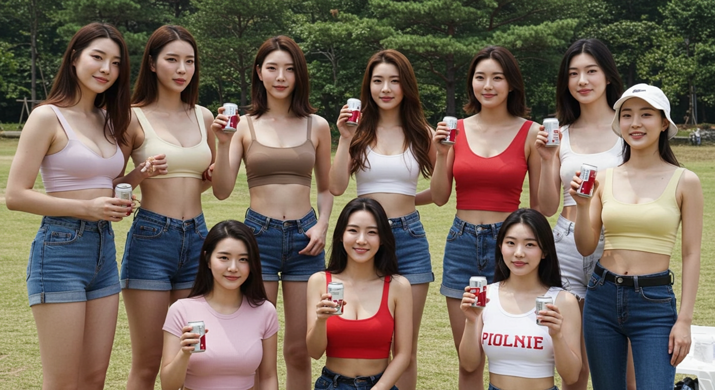 공원에서 술을 들고 사진찍는 여성들