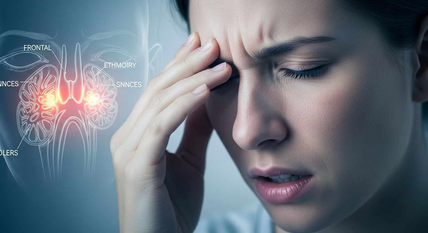 코막힘과 두통으로 힘들어하는 사람의 얼굴, 부비동염의 주요 증상을 시각화한 이미지.