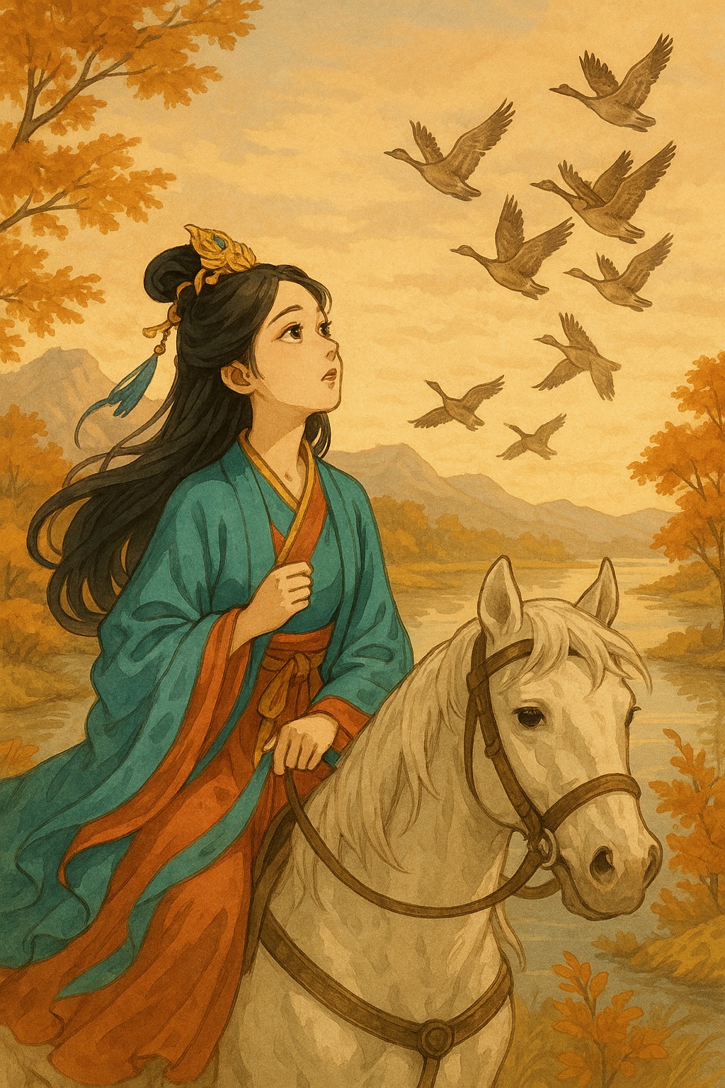 가을 호숫가를 배경으로, 흰 말을 탄 왕소군이 하늘을 나는 기러기 떼를 올려다보는 장면. 그녀는 청홍색 한복을 입고 있으며, 주변의 단풍과 노을빛 하늘이 따뜻한 분위기를 자아낸다.