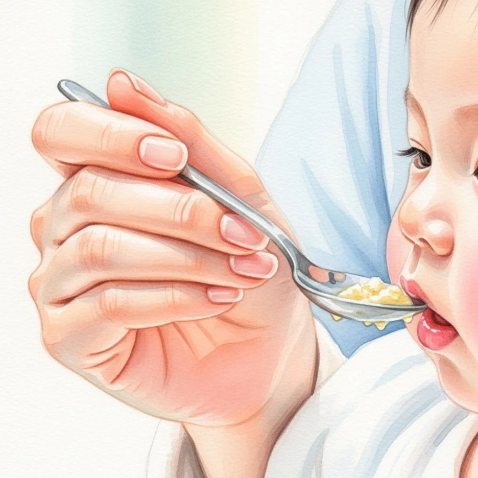 엄마가 아기에게 이유식을 먹이는 따뜻한 손길