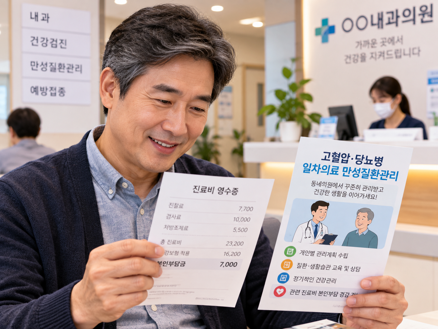 동네의원 진료 후 의료비와 만성질환관리 안내를 확인하는 중년 환자의 모습