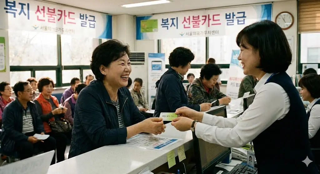 주민센터 창구에서 선불카드를 받고 기뻐하는 시민의 모습