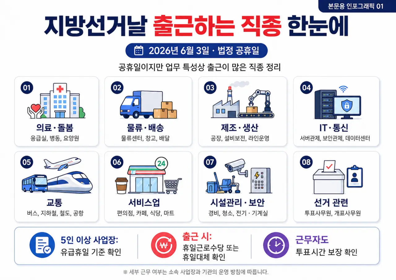 지방선거날 출근하는 직종 의료 물류 제조 IT 교통 서비스업 시설관리 선거 관련 업무 정리 인포그래픽