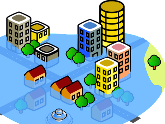 홍수가 나자 많은 고층 건물들과 단독주택들이 물에 잠겼다.