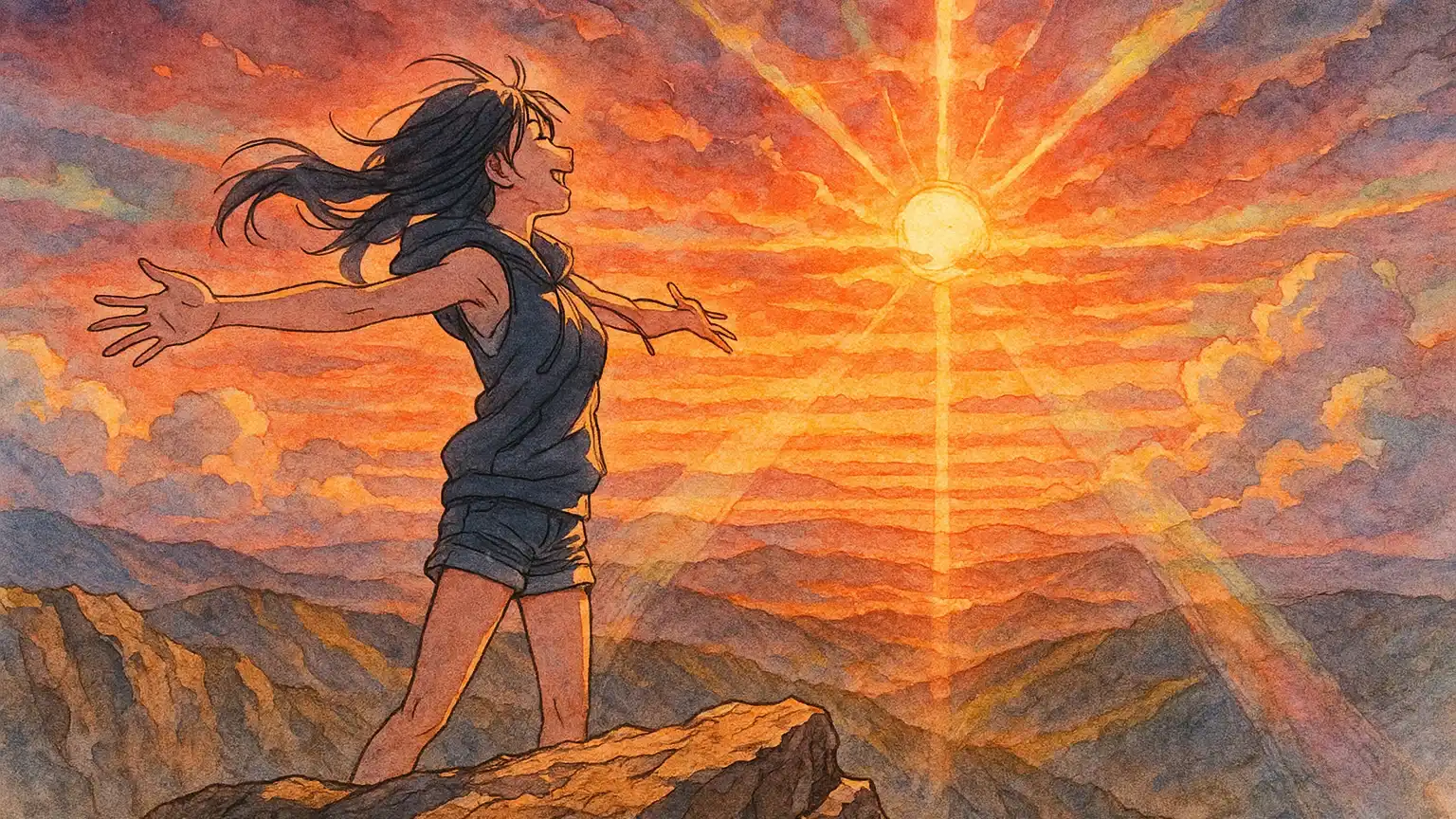 자신을 믿고 희망을 품은 사람이 산 정상에서 팔을 벌리고 있는 모습